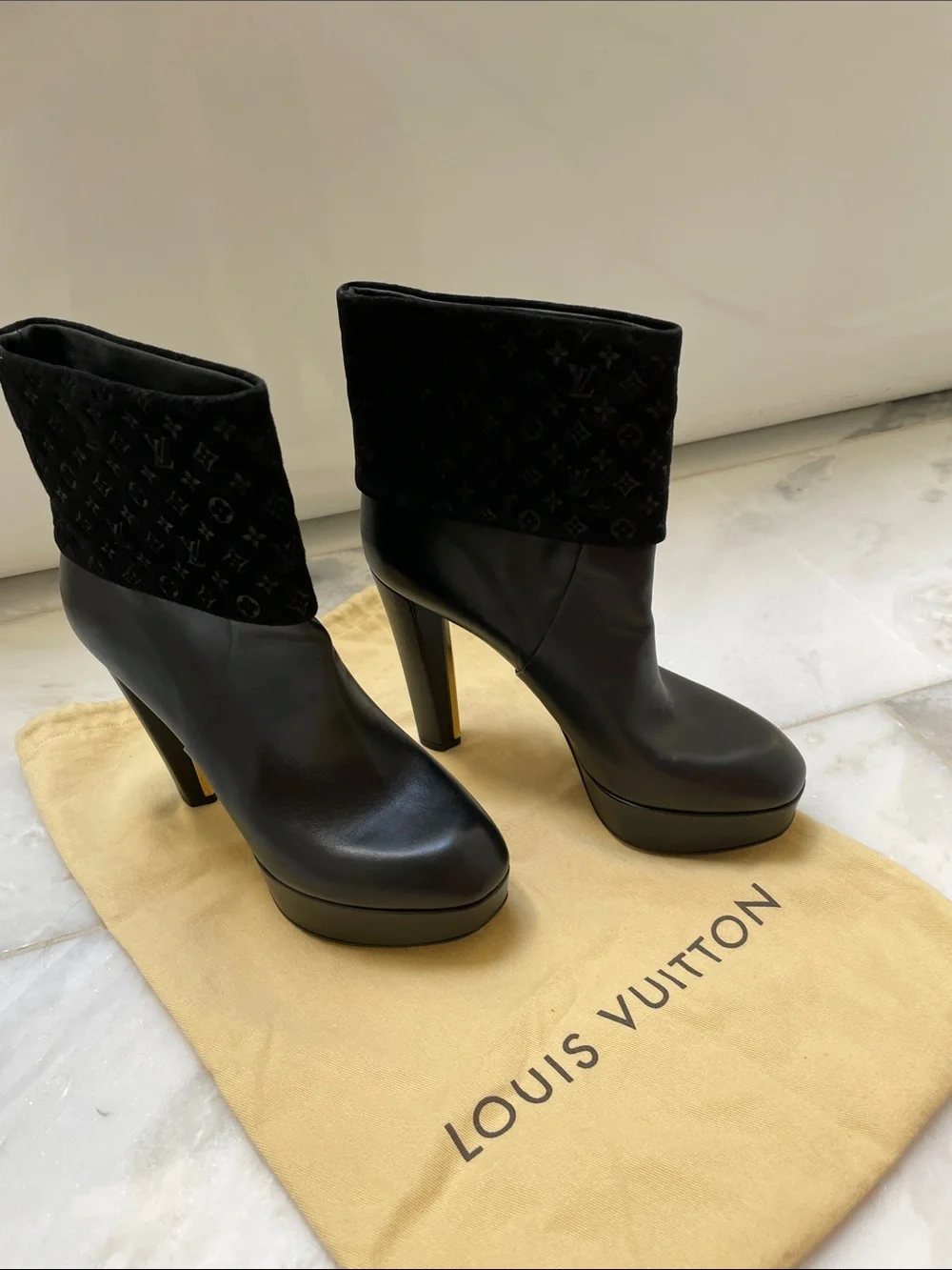 Louis Vuitton Black Leather Platform Ankle Boots with Monogram Velvet Cuff
